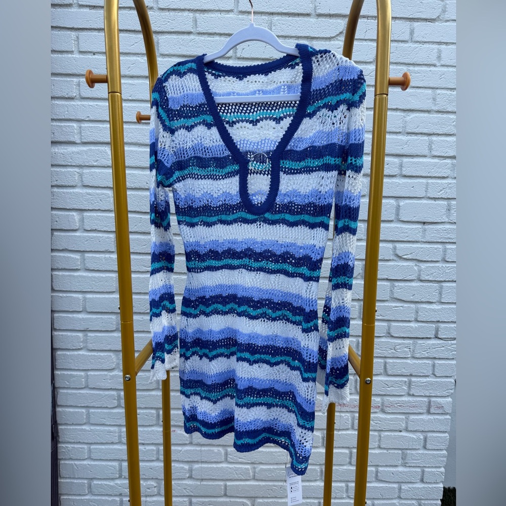 Cupshe Blue White Striped Crochet Swim Coverup Size S NWT